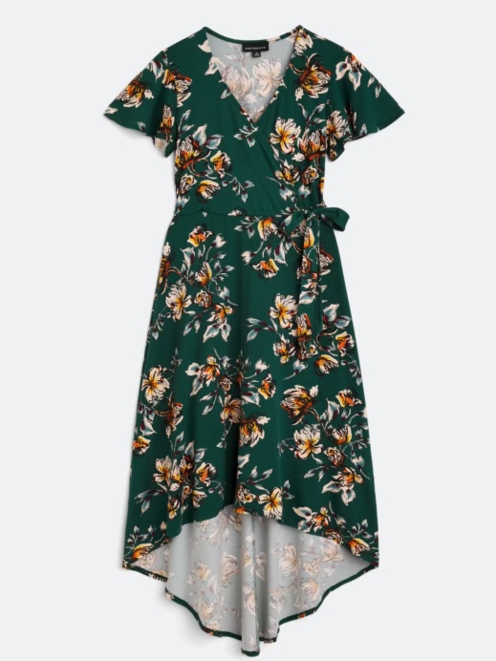 Floral Wrap High-Low Dress in Emerald Green